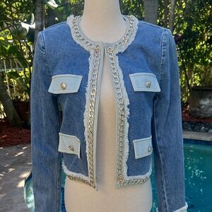 Alice + Olivia Landon Cropped Blue Denim Jacket with Gold Chain Trim